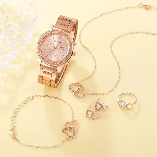 6PCS Set Rose Gold Luxury Watch Women Ring Necklace Earring Rhinestone Fashion Wristwatch Casual Ladies Bracelet Watches