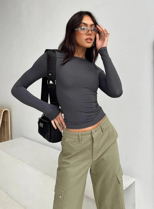 Women's Long Sleeved T-Shirt Spring And Autumn Solid Color Slim Fit Pullover