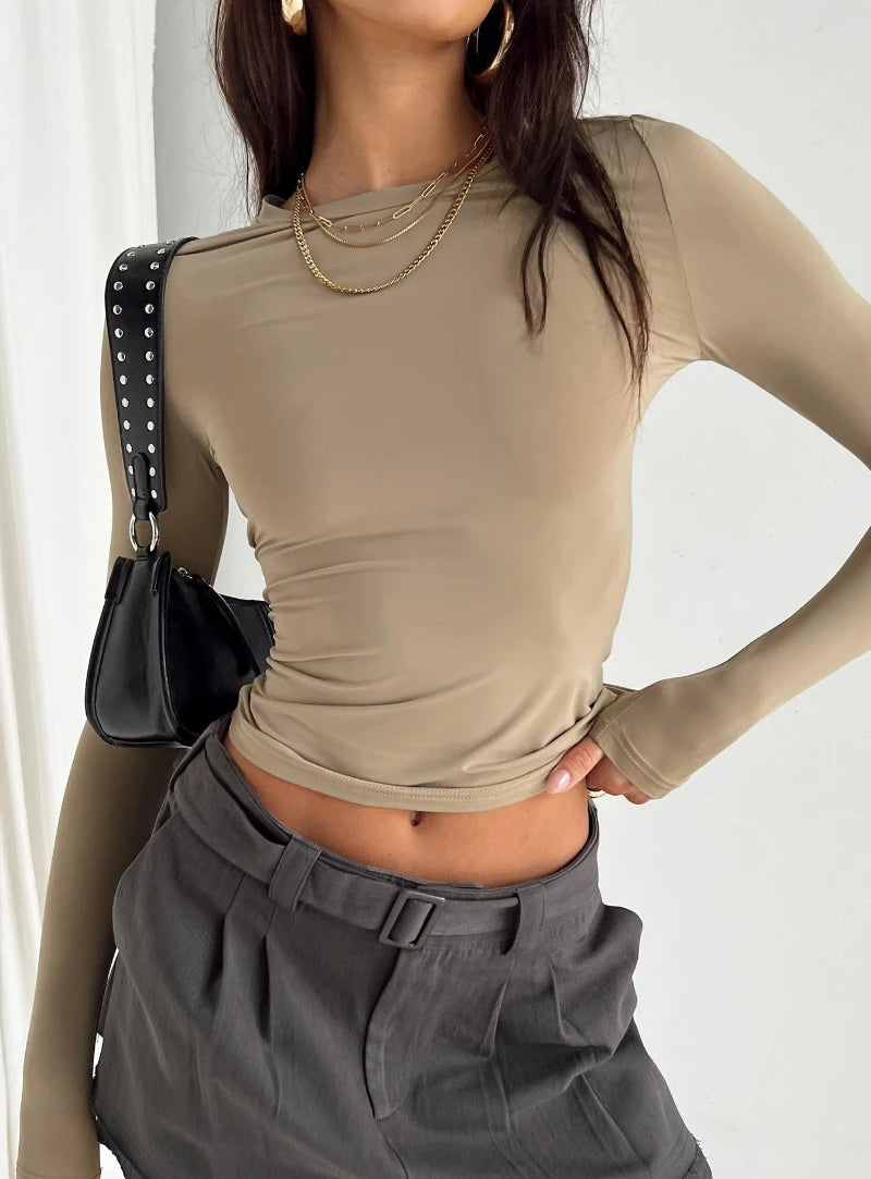 Women's Long Sleeved T-Shirt Spring And Autumn Solid Color Slim Fit Pullover